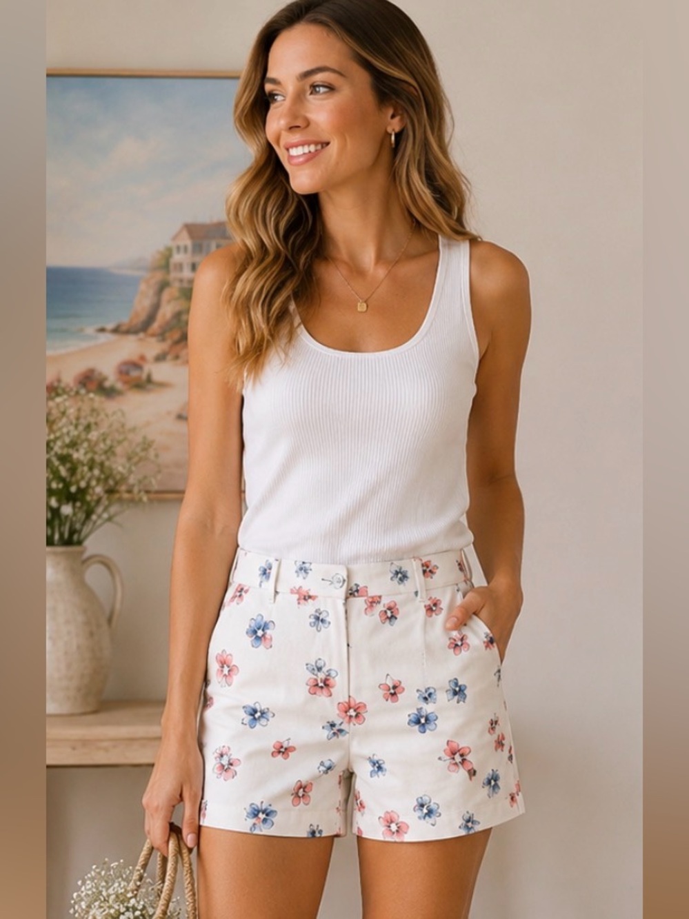 144 Ann Taylor Floral Print Shorts Size 0 White Pink Blue Cotton Preppy Summer